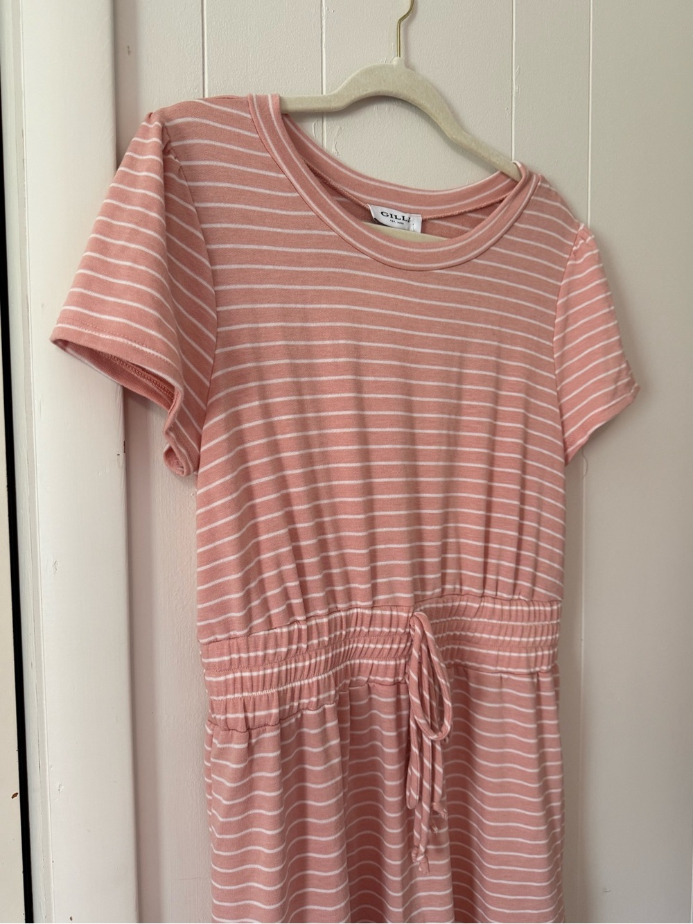 Gilli Pink and White Striped Short Sleeve Drawstring Waist Dress - Picture 3 of 8